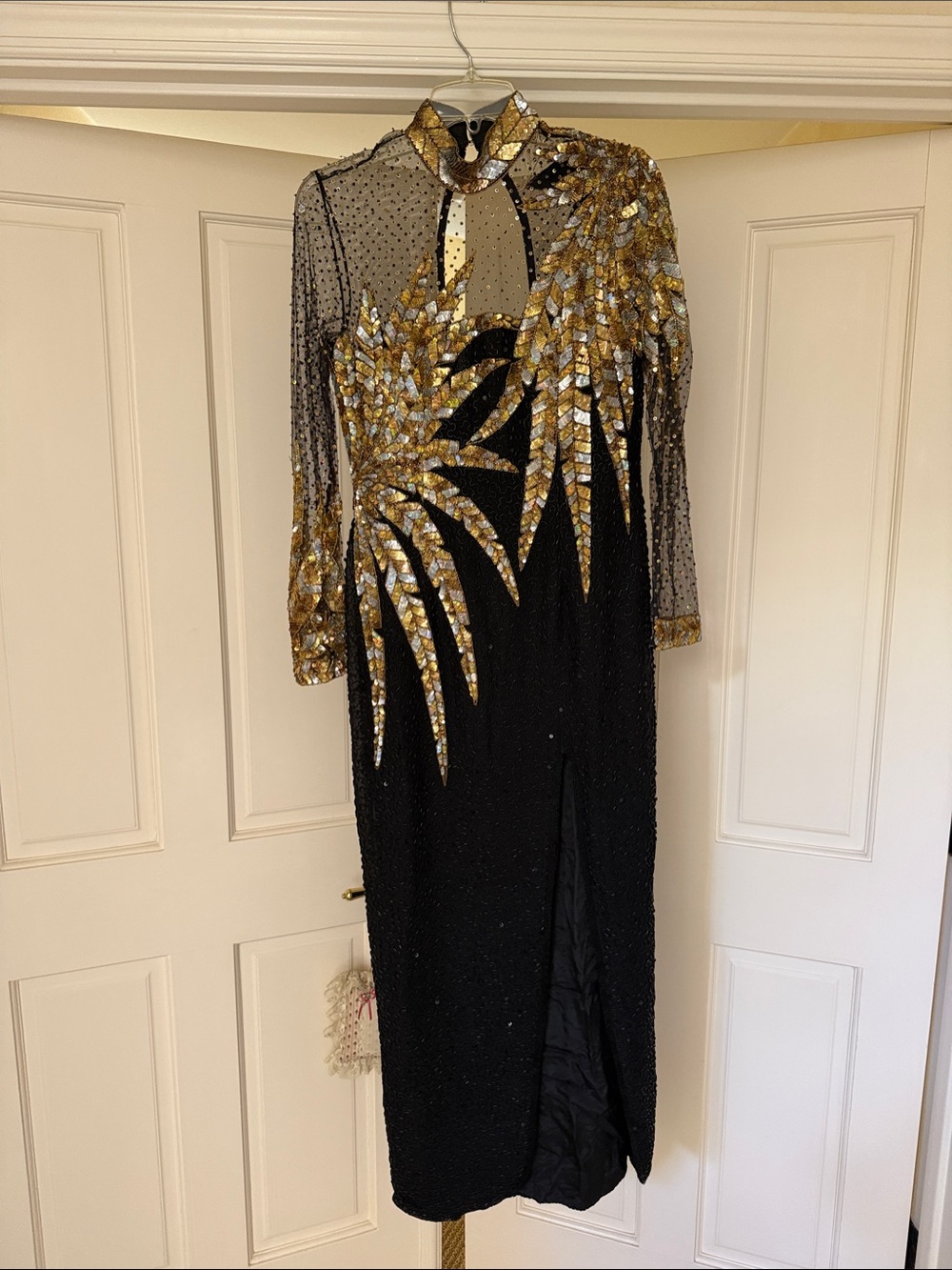 Vintage Black and Gold Long-Sleeve Sequin Evening Gown